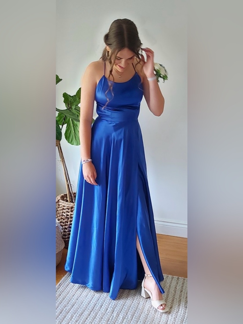 Royal Blue Satin Spaghetti-Strap Dress